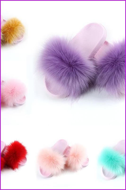 {5-7 days wait for make} Pink Sole Faux Fake Normal Fluffy Fur Slides F797 - Furdela
