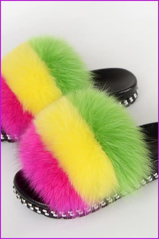 {5-7 days wait for make} Rivets Fox Fur Slides F659 - Furdela