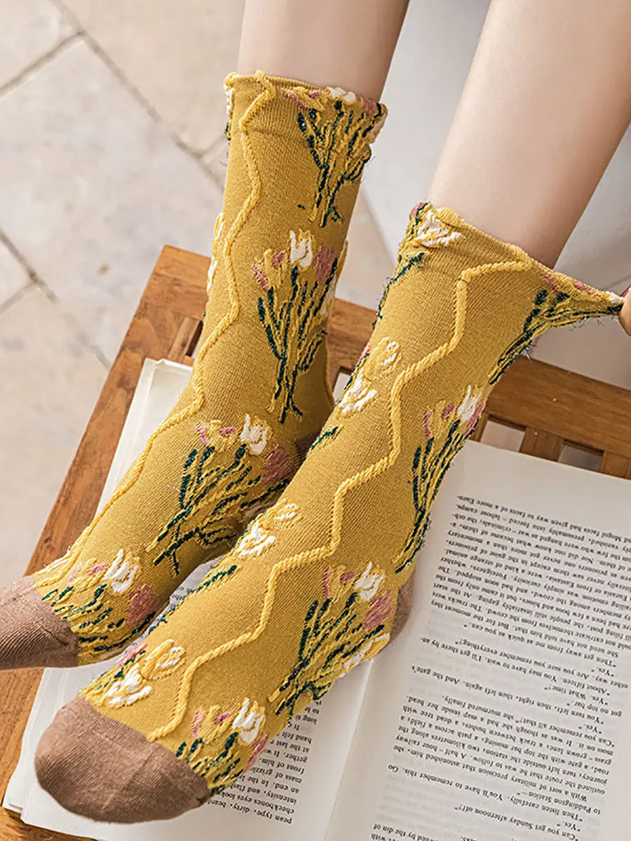 5 Pairs Women Vintage Flower Jacquard Socks Ada Fashion