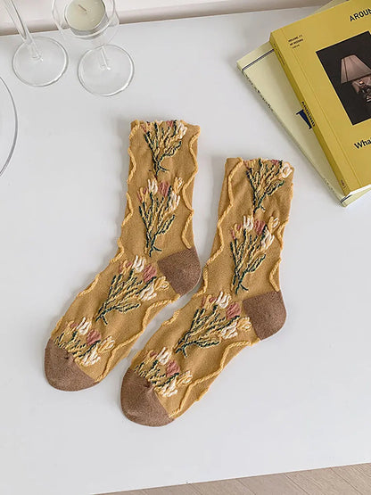5 Pairs Women Vintage Flower Jacquard Socks Ada Fashion