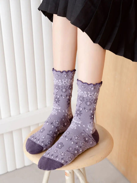 5  Pairs Women Vintage Flower Jacquard Socks Ada Fashion