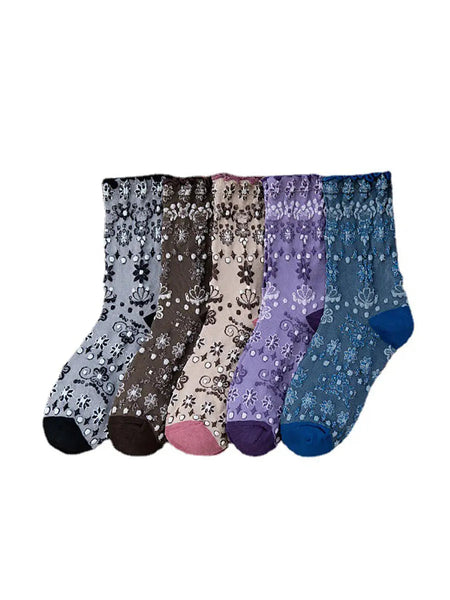 5  Pairs Women Vintage Flower Jacquard Socks Ada Fashion