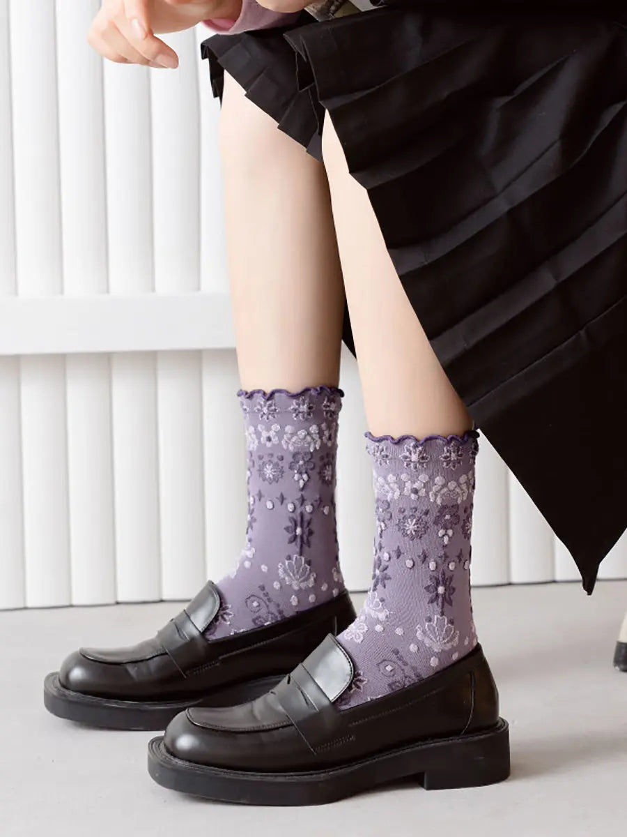 5  Pairs Women Vintage Flower Jacquard Socks Ada Fashion