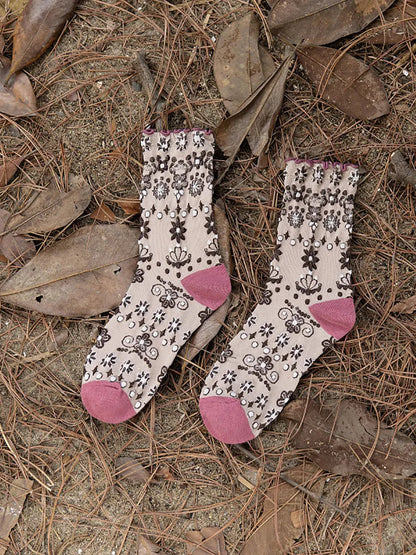5  Pairs Women Vintage Flower Jacquard Socks Ada Fashion