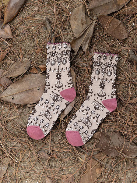 5  Pairs Women Vintage Flower Jacquard Socks Ada Fashion