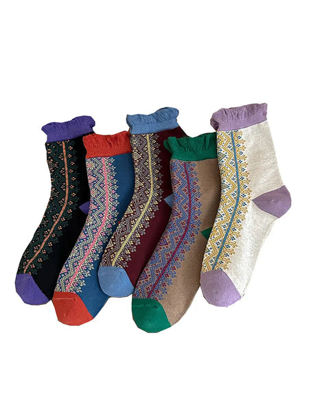 5 Pairs Women Vintage Lacework Cotton Socks Ada Fashion