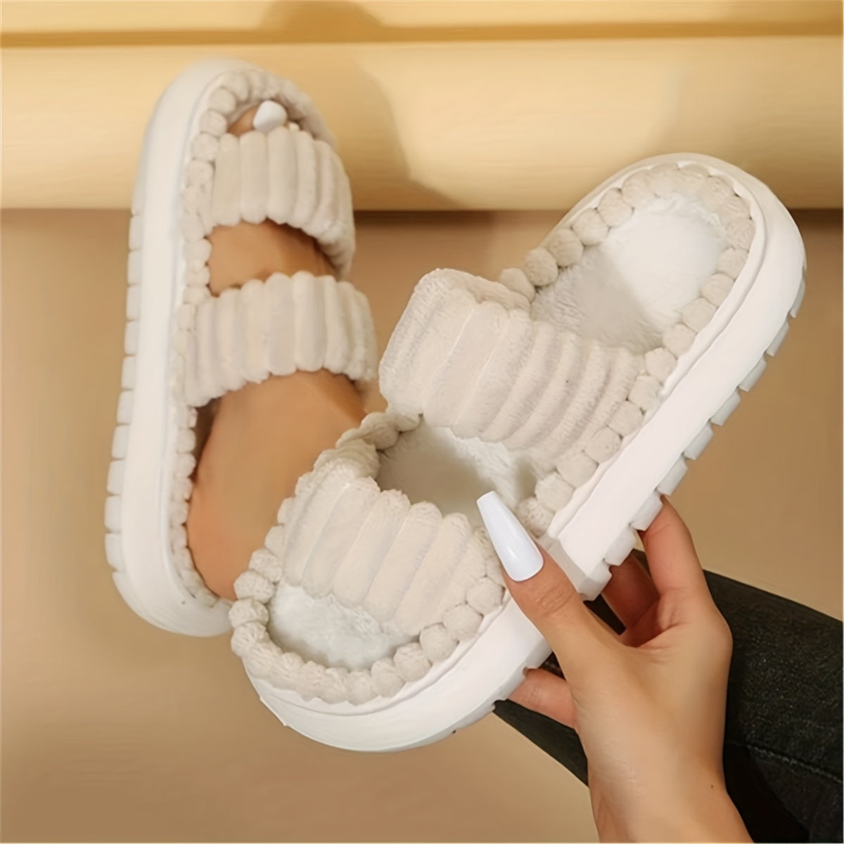 Women's Double Straps Plush Slippers HT0147 Furdela