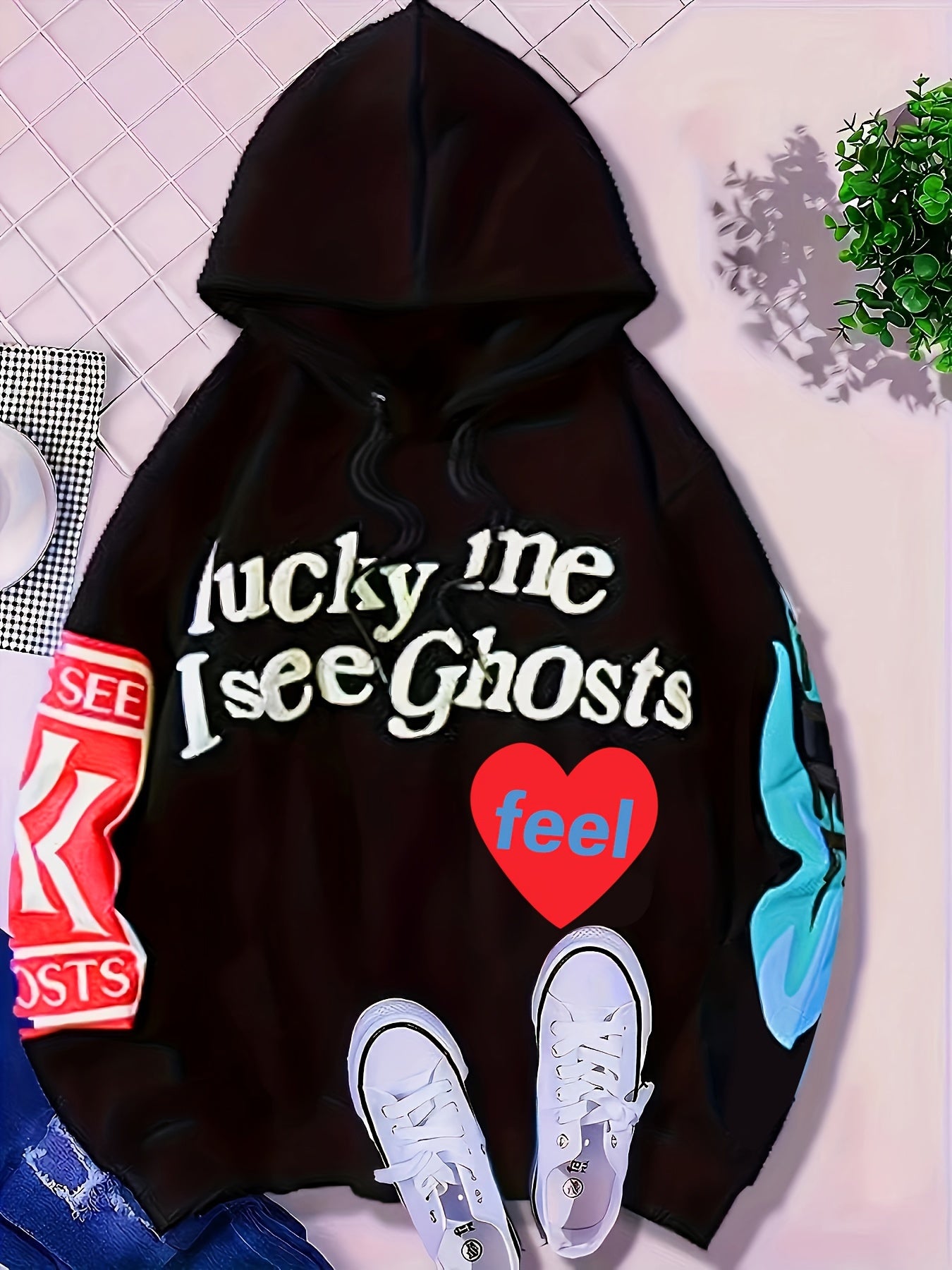 Lucky Me I See Ghosts Letter Graphic Casual Sports Sweatshirt EY4287 Furdela