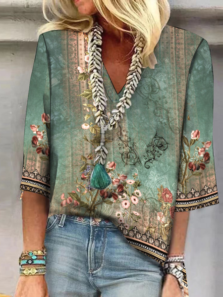 V Neck Loose Casual Floral Shirt  WZ81