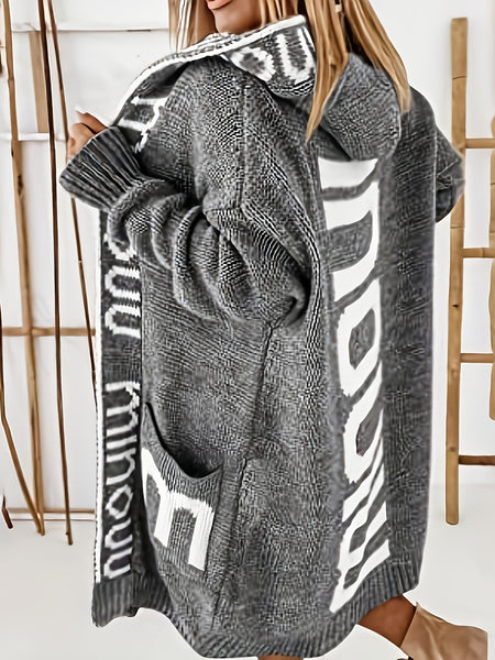 Letter Print Waterfall Collar Knit Cardigan ET8214 Furdela