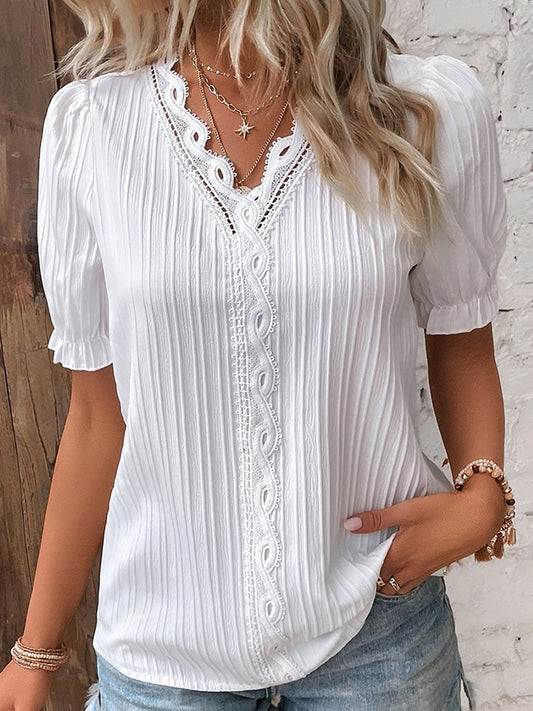 V Neck Plain Lace Elegant Shirt  mm241