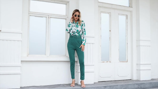 Floral Print V Neck Long Sleeve Blouse & Solid Belted Tapered Pants TD0870 Furdela