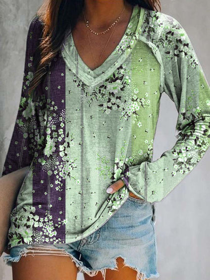 Women Casual Floral Autumn Daily Jersey Best Sell Long sleeve Regular H-Line Tunic T-Shirt QAL3