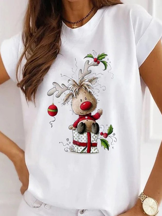 Women Christmas Animal Loosen Crew Neck Cotton Blends Short Sleeve T-Shirt PJ33 - Furdela