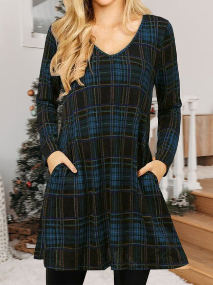 Women Christmas Plaid Print Loose Holiday Knee-Length V-Neck Sexy Dress PJ5 - Furdela