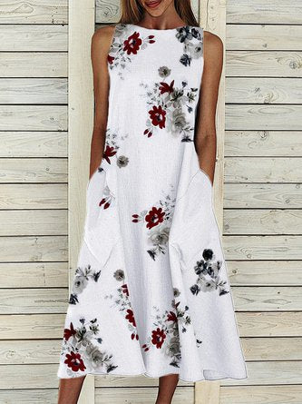 Floral Printed Sleeveless Cotton Blend Shift White Casual Dress QAH13