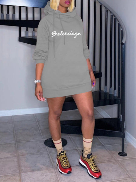 Plus Size Hooded Collar Letter Print Sweat Dress BO3017
