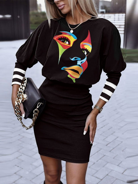 Plus Size Lantern Sleeve Geometric Print Dress AR50135