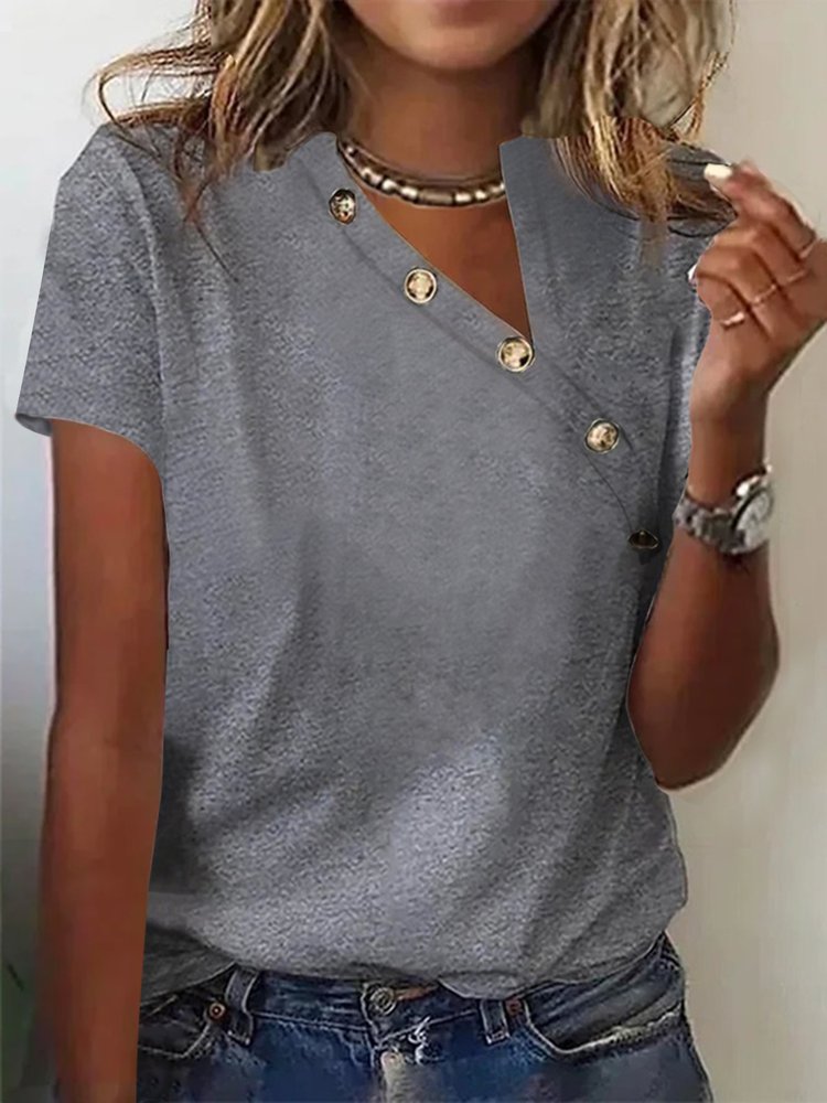 Asymmetrical Collar Buttoned Casual T-Shirt  cc148