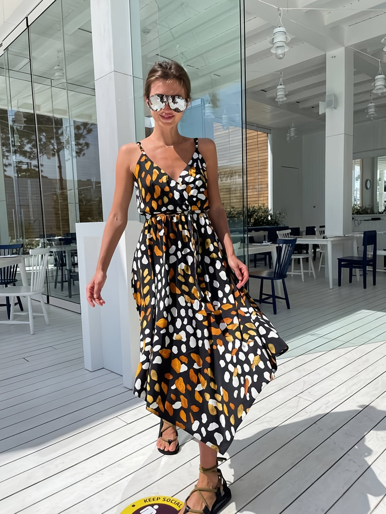 Floral Print Cami Dress, Boho V-neck Asymmetrical Spaghetti Strap Waist Summer Beach Dresses, Women' AZ10016