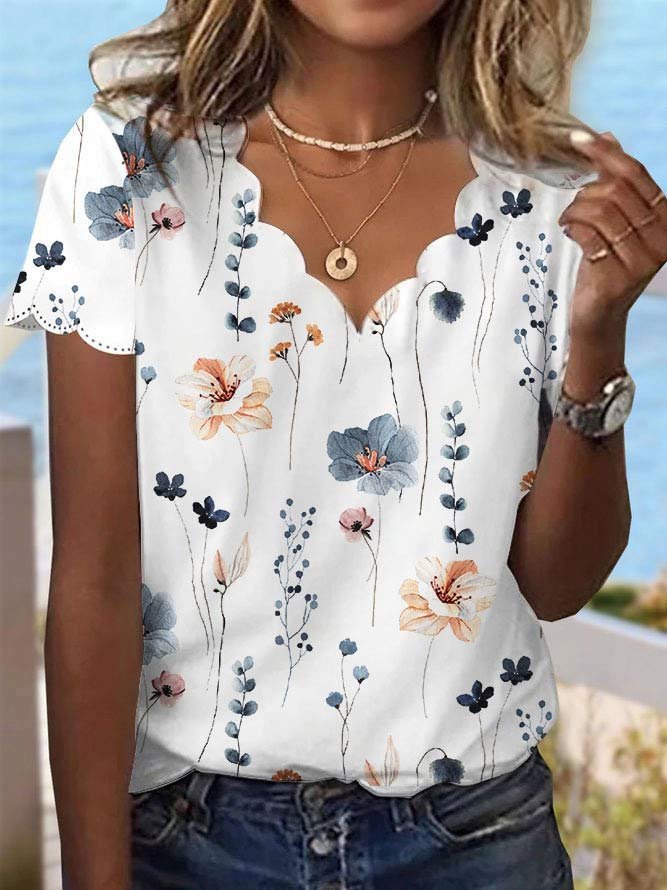 Summer Dessert Shell Neck Floral Design T-Shirt  cc187