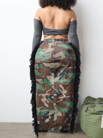 Camo Print Tassel Design High Split Skirt AT9014