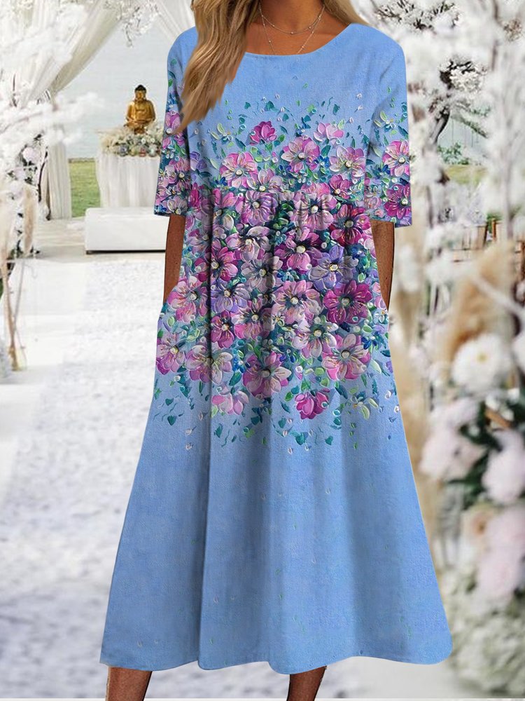 Oil painting flower gradient series X-shaped a-hem loose Long Dress Plus Size  WL38