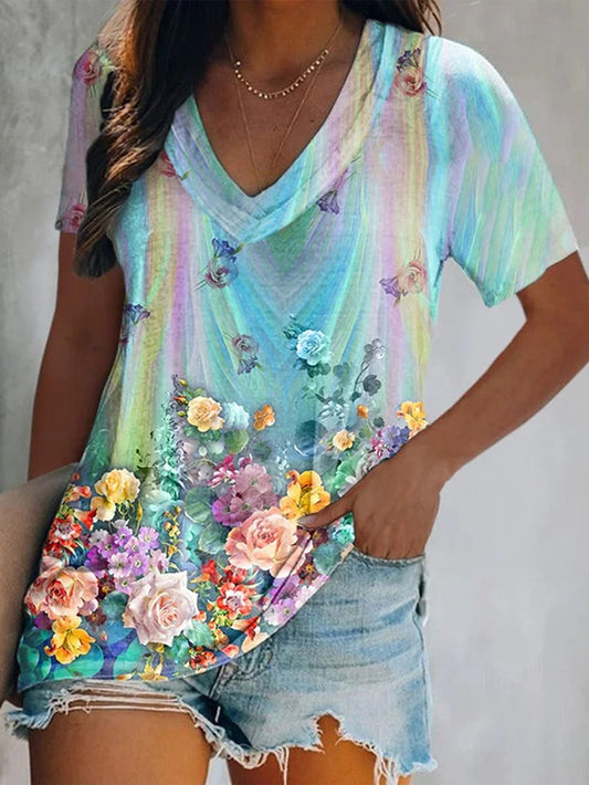 Rainbow Floral Printed Women's T-shirt CC50