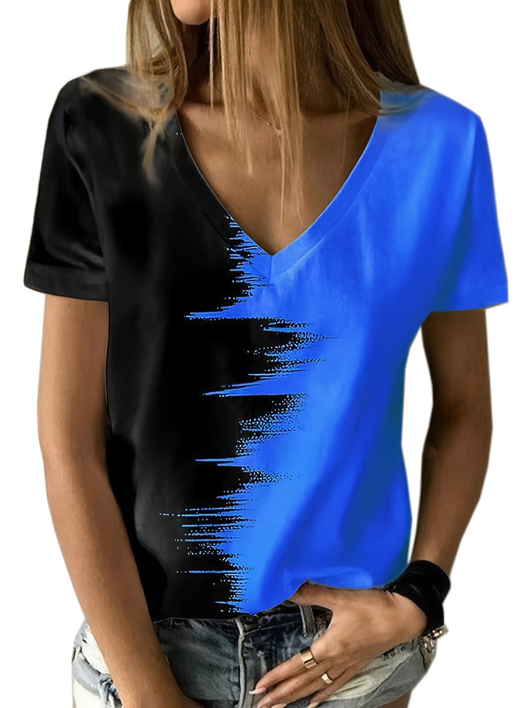 V-neck Color Block T-shirt, Casual Loose Short Sleeve Fashion Summer T-Shirts Tops, Women's Clothing RA107