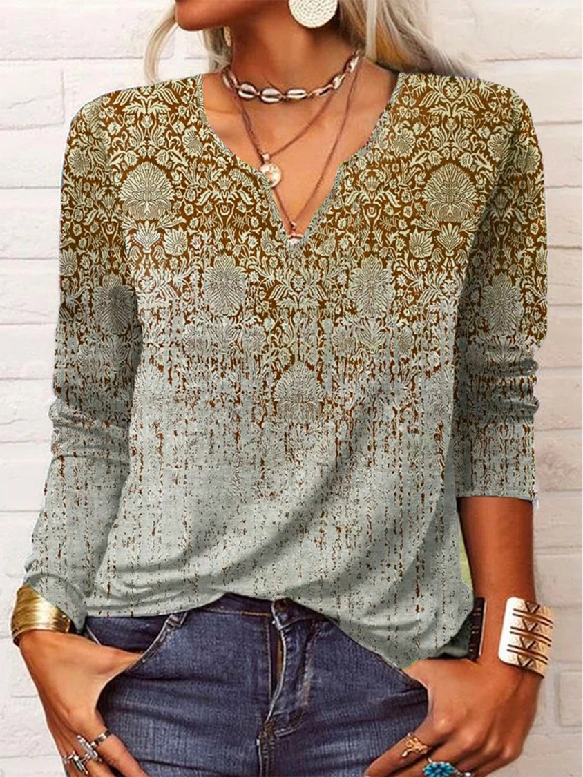 Ethnic Long Sleeve Notched Casual Tunic T-Shirt QAL16