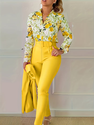 Floral Print V Neck Long Sleeve Blouse & Solid Belted Tapered Pants TD0870 Furdela