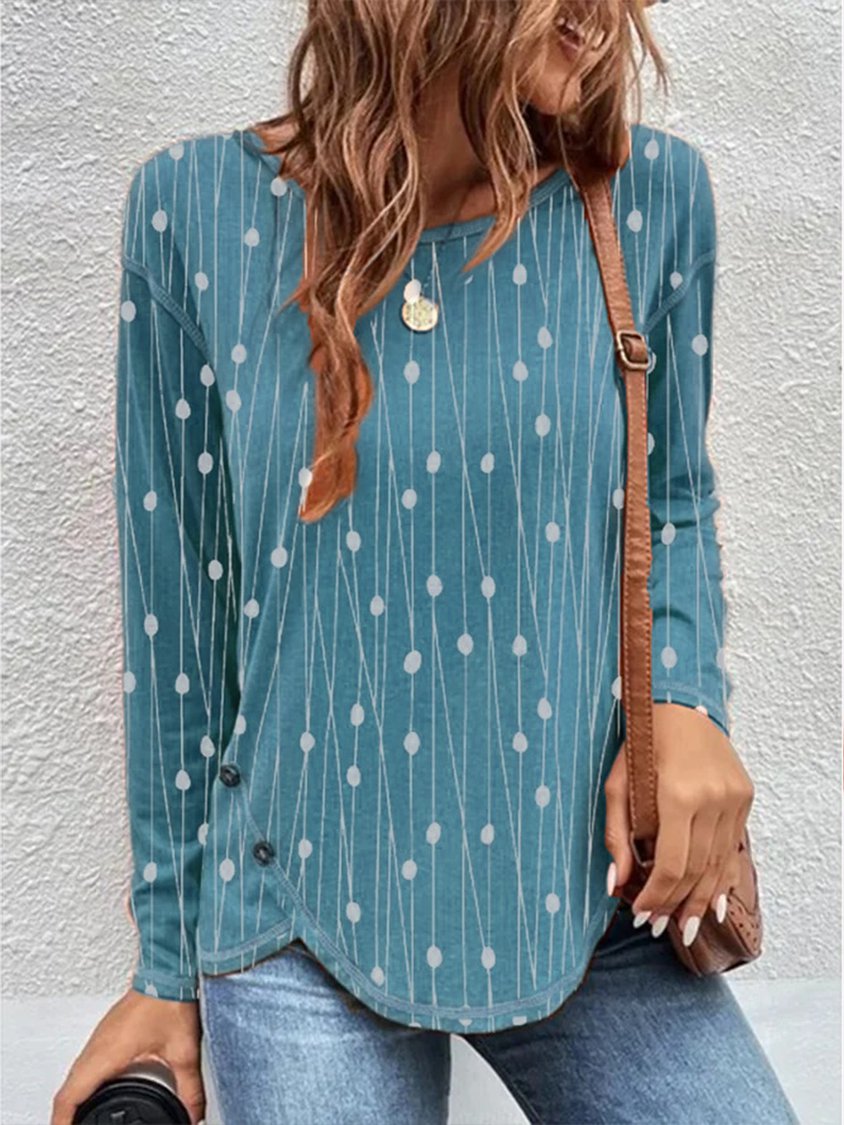 Casual Crew Neck Geometric Long Sleeve Loose Tunic T-Shirt QAL60