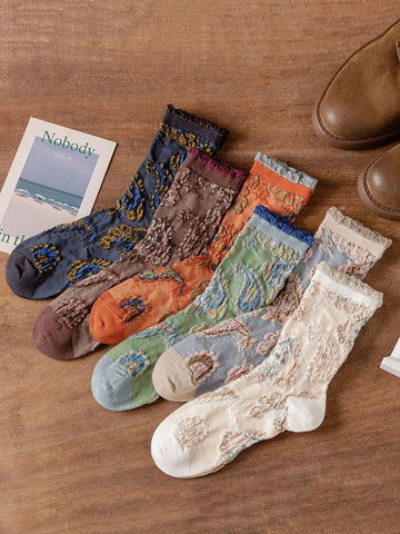 6 Pairs Women Vintage Floral Jacquard Socks Ada Fashion