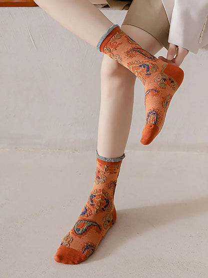 6 Pairs Women Vintage Floral Jacquard Socks Ada Fashion
