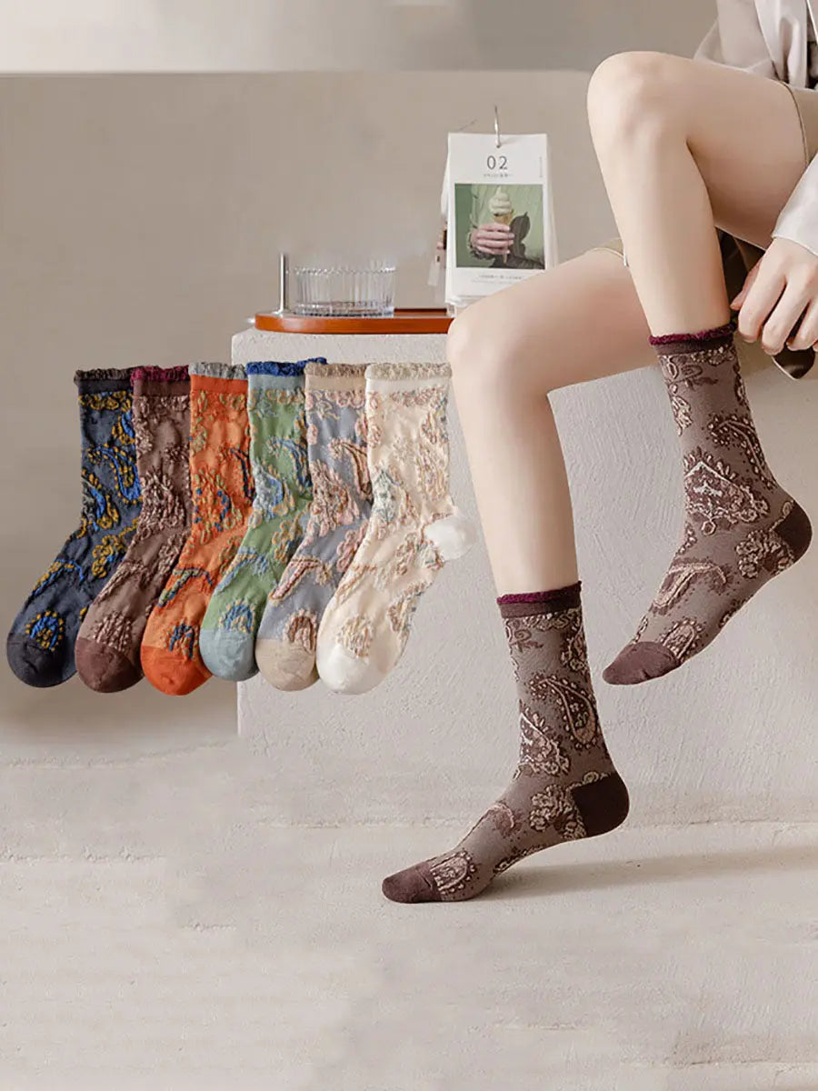 6 Pairs Women Vintage Floral Jacquard Socks Ada Fashion
