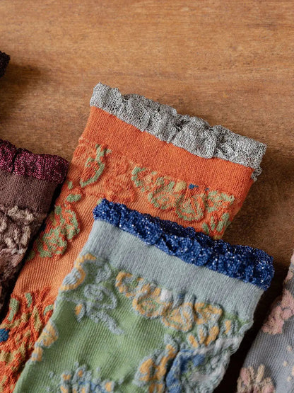 6 Pairs Women Vintage Floral Jacquard Socks Ada Fashion