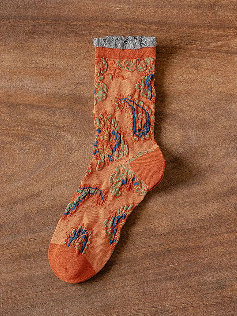 6 Pairs Women Vintage Floral Jacquard Socks Ada Fashion