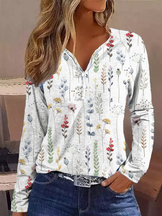 V Neck Loose Floral Casual T-Shirt  QZ73