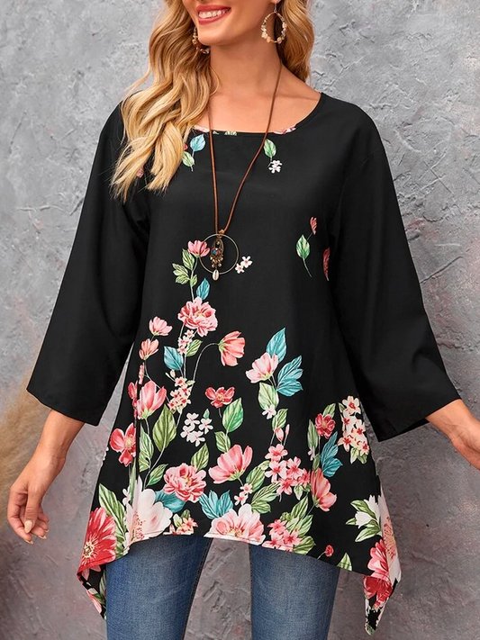 Floral Boho Crew Neck Loose Top OU41