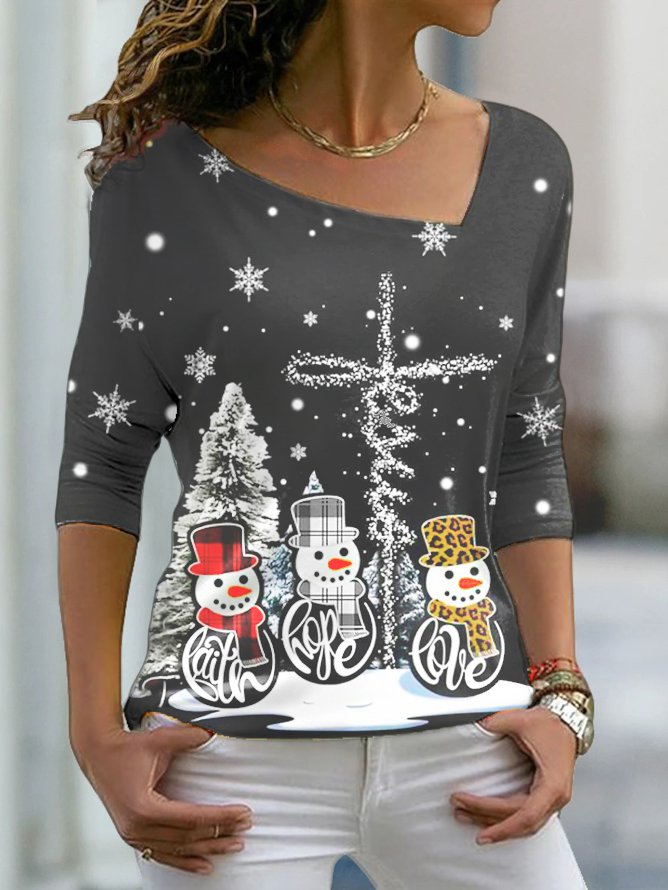 Women's Black long sleeve Tee Snowman Christmas Tree Printed PJ14