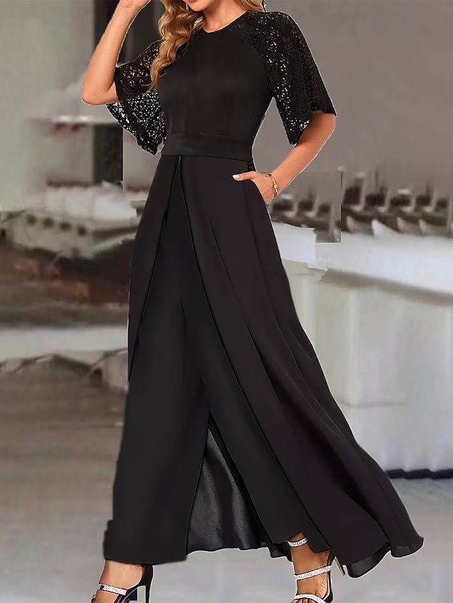 Elegant Crew Neck Lace Loose Jumpsuit  QN77