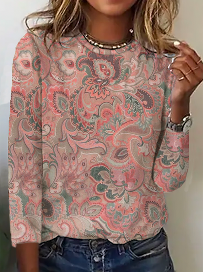 Casual Paisley Autumn Micro-Elasticity Jersey Long sleeve Crew Neck Regular Regular T-shirt for Women QAL45