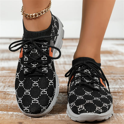 Women's Printed Low Top Sports Shoes, Knit Breathable Lace Up Running Tennis Sneakers, Casual Walking Shoes SE1017