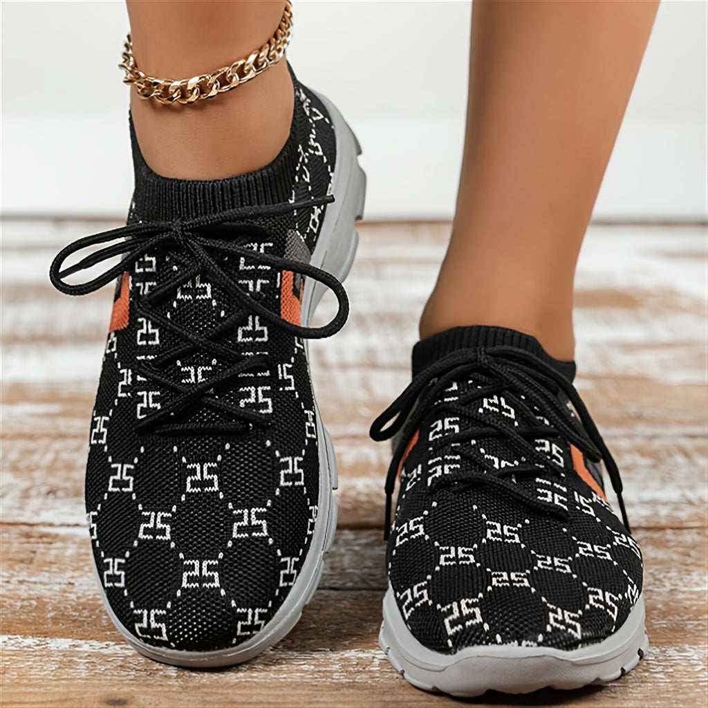 Women's Printed Low Top Sports Shoes, Knit Breathable Lace Up Running Tennis Sneakers, Casual Walking Shoes SE1017