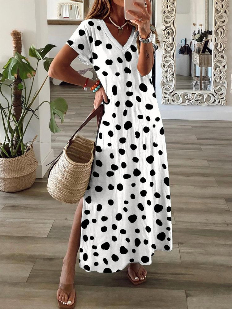 Polka Dots Short Sleeve V Neck Casual Dress  QA50