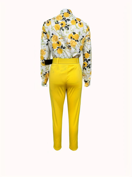 Floral Print V Neck Long Sleeve Blouse & Solid Belted Tapered Pants TD0870 Furdela