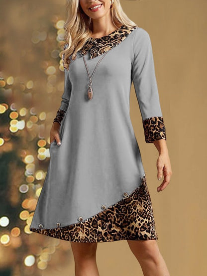 Christmas Urban Color Block Leopard Shawl Collar Loose Midi Dress PJ45 - Furdela