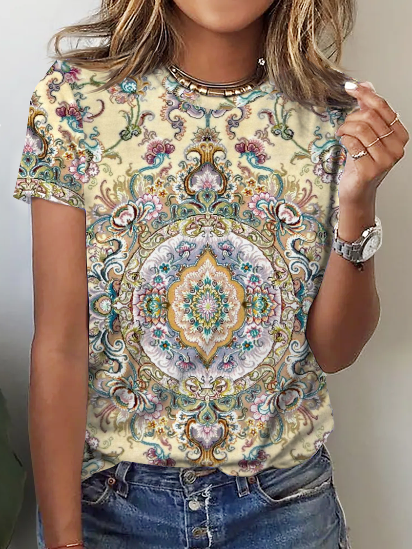 Women Crew Neck Boho Loose Ethnic T-Shirt AT1005