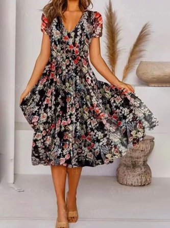 Women&#x27;s A Line Dress Midi Dress Short Sleeve Loosen Floral Print Spring Summer V Neck Elegant Casual Vacation Midi Dress MMr57