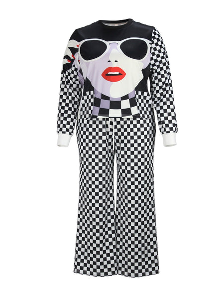 Plus Size Figure Plaid Print Wide Leg Pants Set AT9030